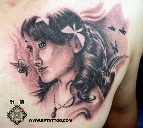 上海纹身店针藏刺青作品：美女肖像纹身