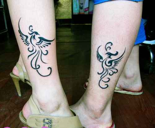 安庆凰颜艺术纹身店纹身作品：小腿情侣纹身凤凰纹身图案